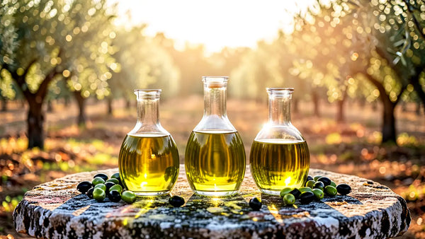 Tre oli di oliva a confronto con olive fresche in un paesaggio mediterraneo